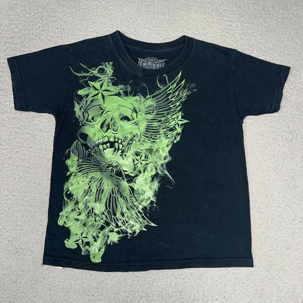 VTG MMA Elite T Shirt Youth Sz 8 Black Skull Green Winged Grunge Y2k Skate Tee